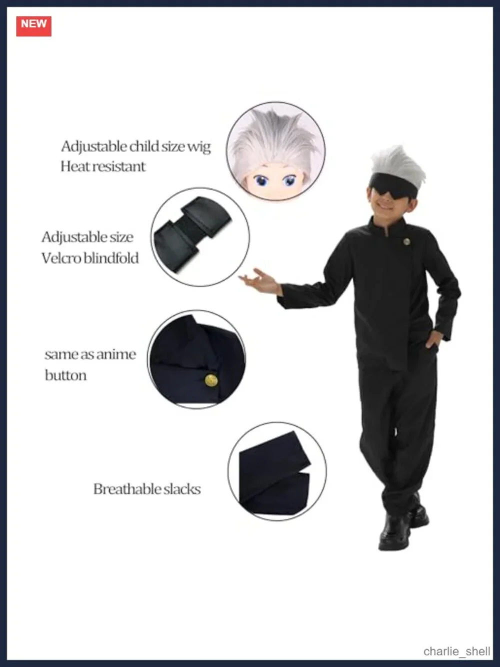 Kids Sorcerer Costume Set with Wig Blindfold Uniform Halloween